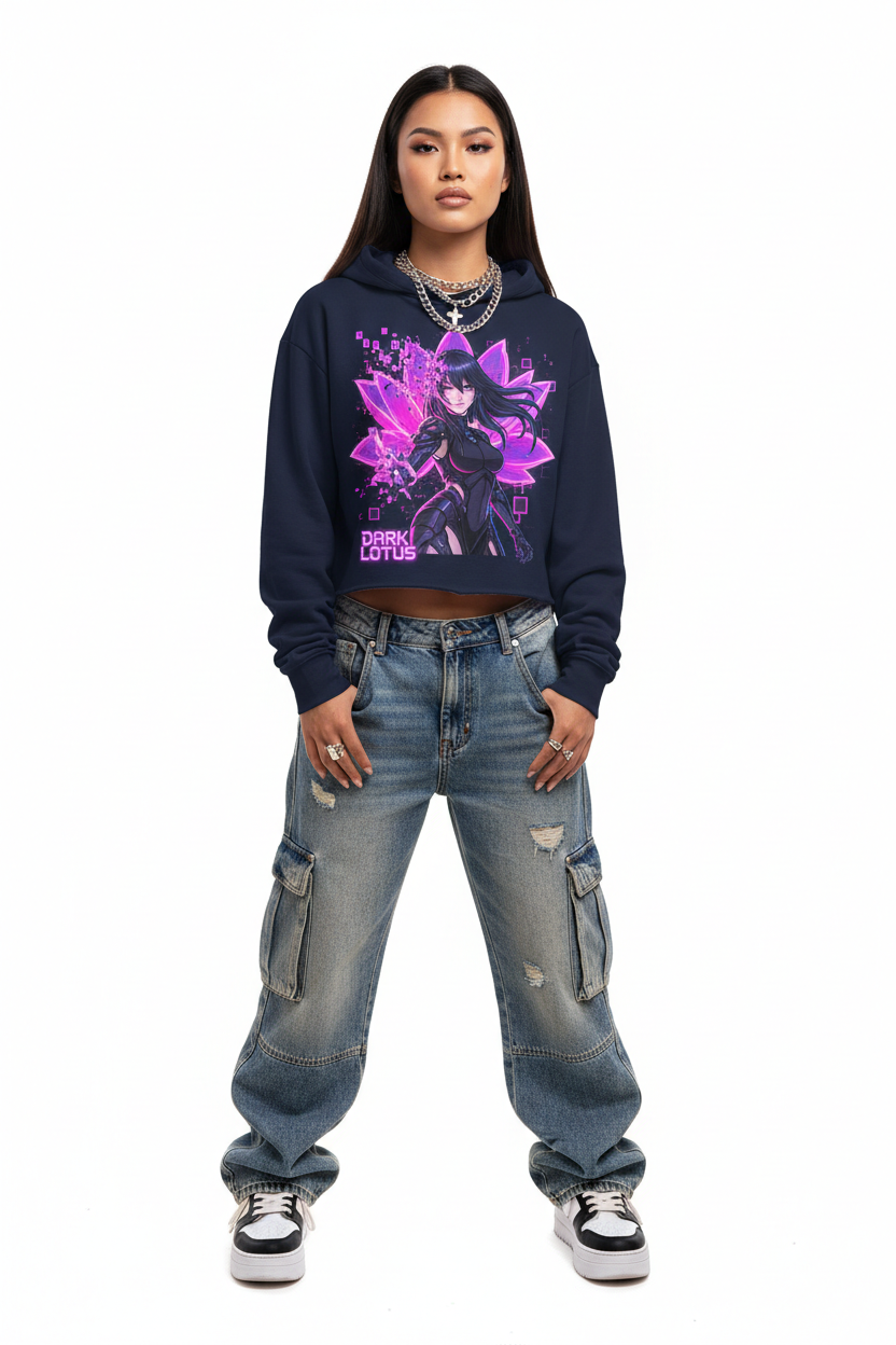 Dark Lotus Crop Hoodie - Navy Blue Model