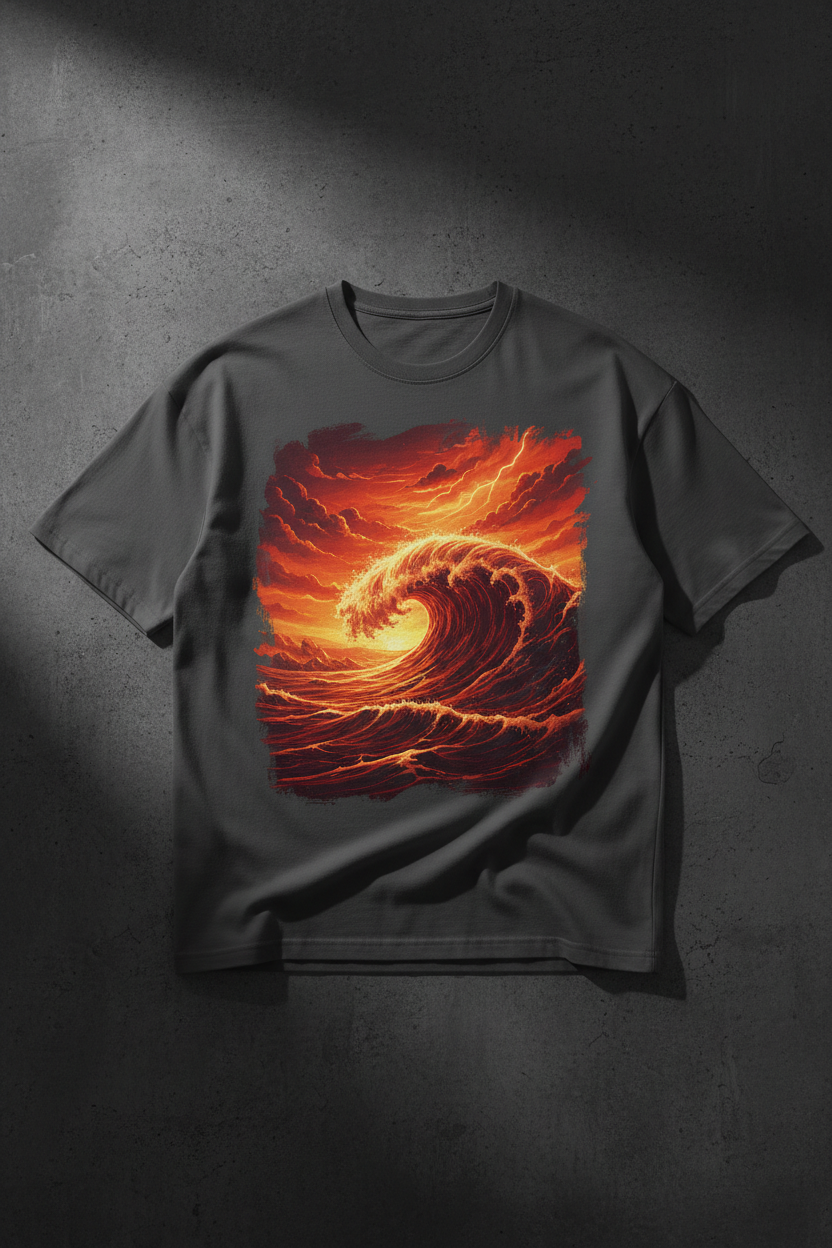 Stormy Ocean Wave Tee Fiery Orange Red