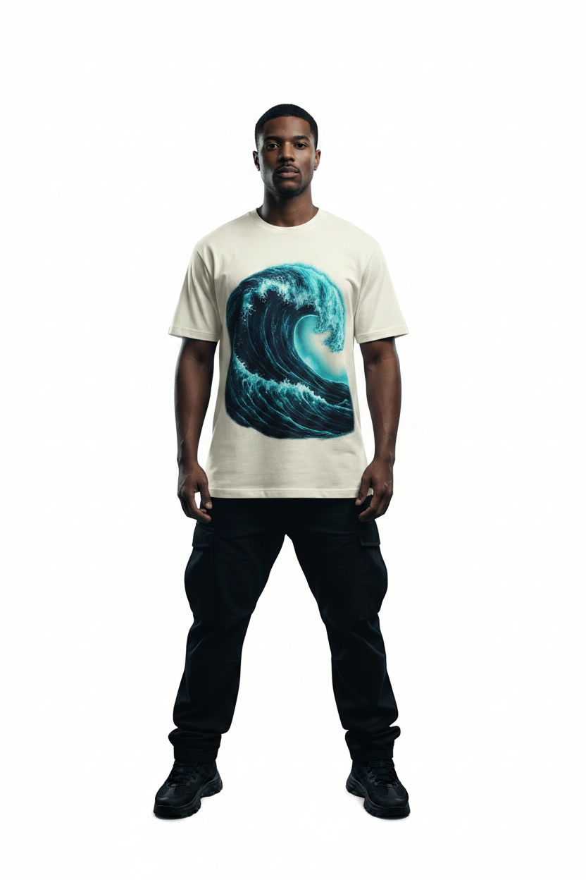 Navy Teal Wave Tee - Cream