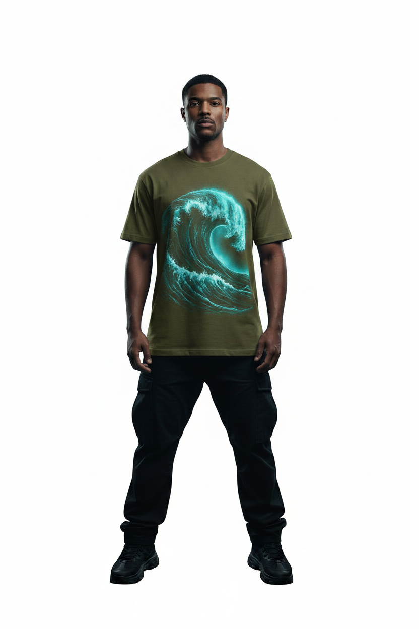 Navy Teal Wave Tee - Olive Green