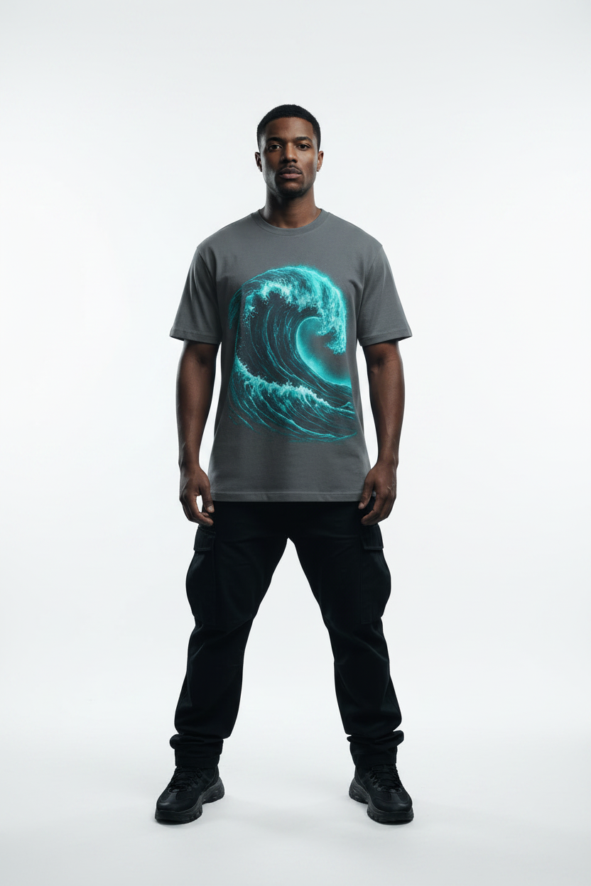 Navy Teal Wave Tee - Slate Gray