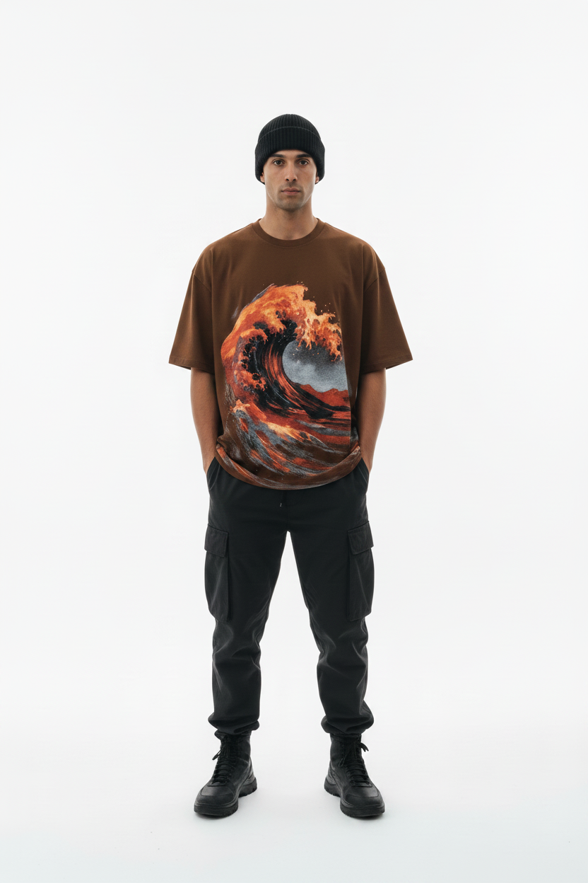 Stormy Ocean Wave Tee - Brown