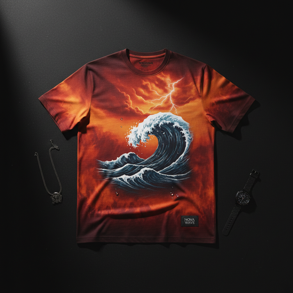 Stormy Ocean Wave Tee – Fiery Orange/Red